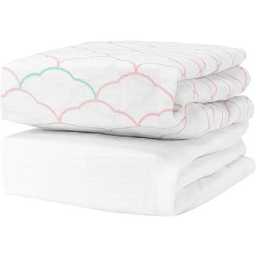 Newton Baby Organic Fitted Crib Sheets (2-Pack) - 100% Breathable and Ultra-Soft, 100% Organic Muslin Cotton, Dreamweaver Print in Blush Coral + Solid White, Fits All Standard Cribs