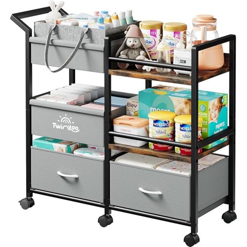 Baby Diaper Caddy Organizer, 3 Tier Rolling Storage Cart with Dividers and Drawers, Bedside Utility Cart for Nursery Essentials, Large Capacity Mobile Storage Cart for Crib, Bedroom