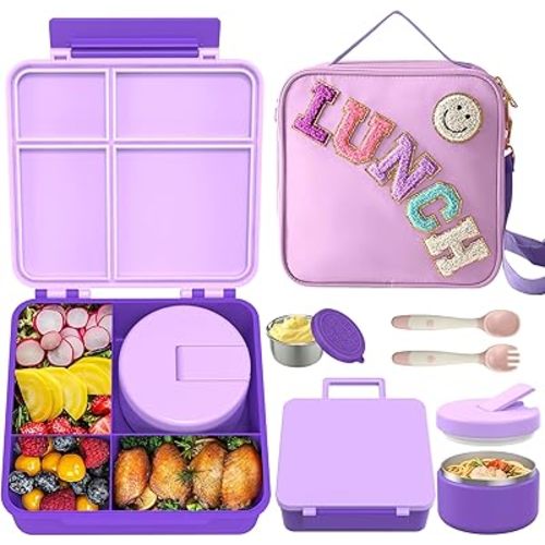 Kids Bento Lunch Box with 8oz Soup Thermo, Kids Leakproof Lunch Food Containers with 4 Compartment,Insulated Hot Food Jar with Lunch Bag for School, Travel (Purple)