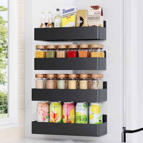 Mystozer Magnetic Spice Rack for Refrigerator, Kitchen Organizer and Storage Shelf, Black (4 Pack)…