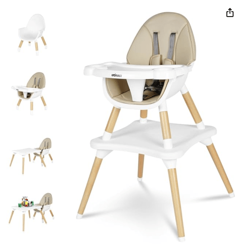 Gofirst 6 in 1 Convertible Wooden High Chair for Babies and Toddlers - Infant Dining Booster Seat With Building Block Table and 4-Position Removable Feeding Chair