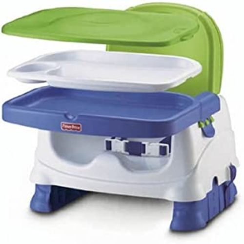 Fisher-Price Toddler Booster Seat Healthy Care Deluxe Blue Adjustable Chair for Dining Table & Travel with Baby, Dishwasher Safe Tray