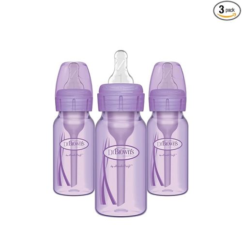Dr. Brown's Natural Flow Anti-Colic Options+ Narrow Baby Bottles 4 oz/120 mL, with Level 1 Slow Flow Nipple, Lavender, 3 Pack, 0m+