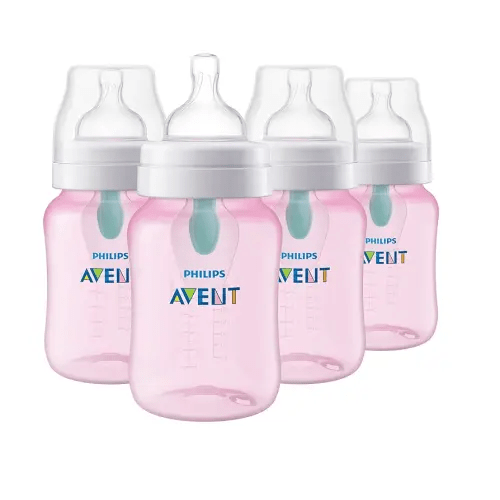Philips Avent Anti-Colic Baby Bottle with AirFree Vent, 9oz, with Flow 2 Nipples, 1m+, 4pk, Pink, SCY703/14