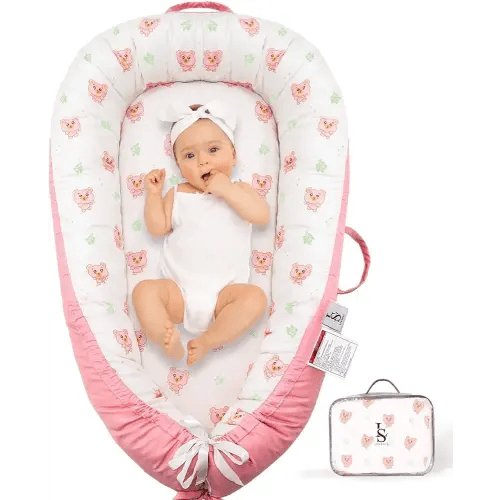 Baby Lounger for Newborn 0-24 Months – Reversible, Lightweight & Portable Infant Lounger for Baby Girl & Boy - Breathable & Soft Blush Bear Baby Nest - Baby Floor Seat for Home & Travel by Leosole