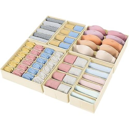 DIMJ 6 Pack Drawer Organizer for Clothes, Sock Bra Underwear Drawer Organizer, Foldable Fabric Drawer Organizer Bins, 57 Cells Dresser Drawer Dividers for Clothing Scarves Belt Tie, Beige