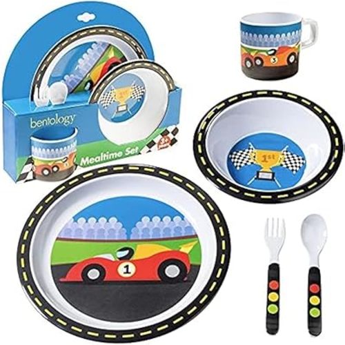 5 Pc Mealtime Feeding Set for Kids and Toddlers - Racecar - Includes Plate, Bowl, Cup, Fork and Spoon Utensil Flatware - Durable, Dishwasher Safe, BPA Free - Gift For Parents