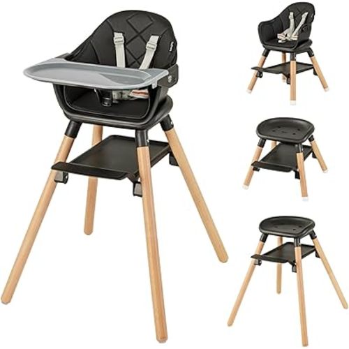 BABY JOY Baby High Chair, 6 in 1 Convertible Wooden High Chair for Babies & Toddlers with Adjustable Legs, Double Removable Tray, Safety Harness & Waterproof PU Cushion (Black)