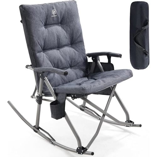EVER ADVANCED Oversized Folding Rocking Camping Chair, Padded Portable Rocker Chair for Patio, Lawn and Outdoors, Heavy Duty Hard Armchair for Adults Supports 400lbs, Grey