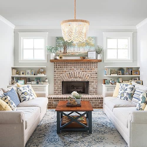 VILUXY Bohemia Wood Beaded Pendant Lights Antique Rustic Mini Chandelier White Finishing for Bedroom, Nursery Room, Girl Room, Hallway, Entryway, Passway, Dining Room, 3-Light