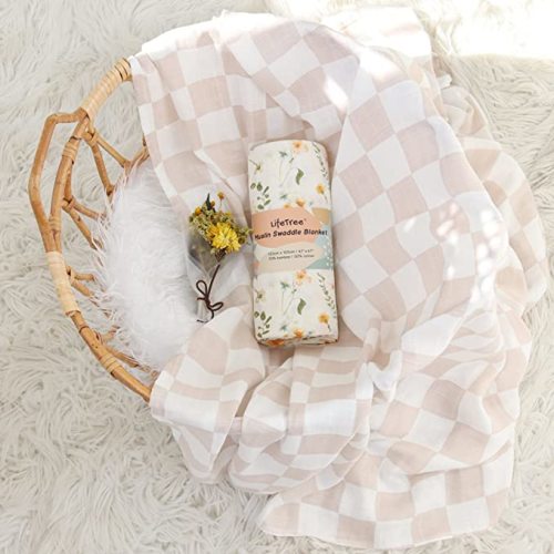 LifeTree Muslin Swaddle Blanket for Baby Girl, 2-Pack Viscose Bamboo Cotton Large Swaddle Blankets (47" x 47"), Floral & Dusty Pink Checkered