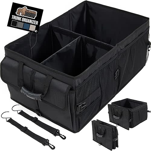 GORILLA GRIP Large Capacity Sturdy Trunk Storage Organizer, Slip and Water Resistant Collapsible Organization Container for Car Sedan or SUV, Multi Compartment Box Vehicle Accessories, Black