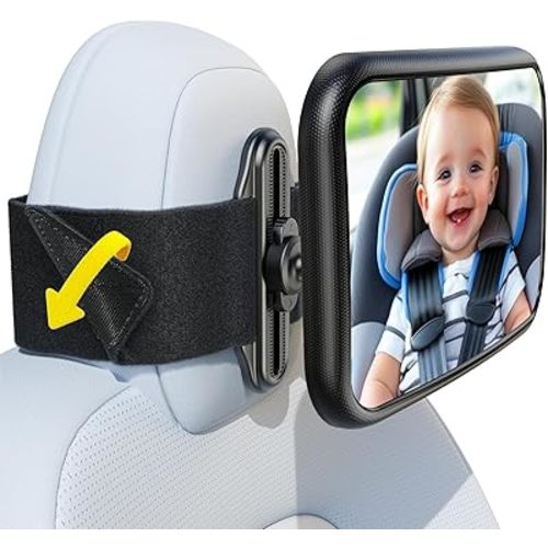 Fixed Headrest Car Mirror for Baby Rear Facing Fit Tesla Shatterproof Baby Mirror for Car Back Seat 360° Wide Clear View Never Shake Crash Tested Stable Velcro Strap Newborn Baby Essentials
