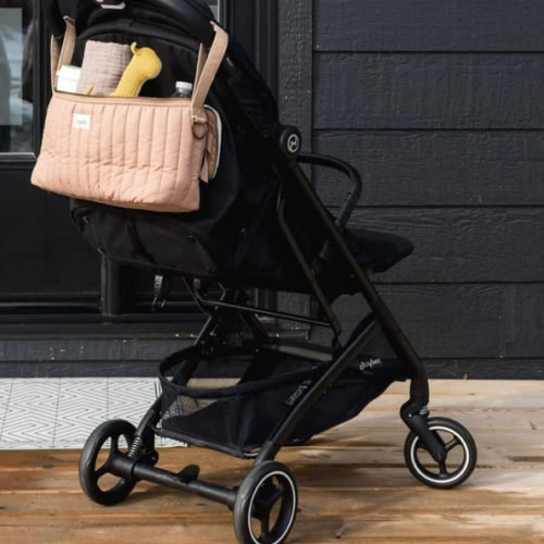 3 Sprouts Universal Quilted Stroller Organizer with Cup Holder and Zip Top - Durable Stroller Caddy Accessory with Storage - Shoulder Strap Converts Organizer to Small Diaper Bag - Clay