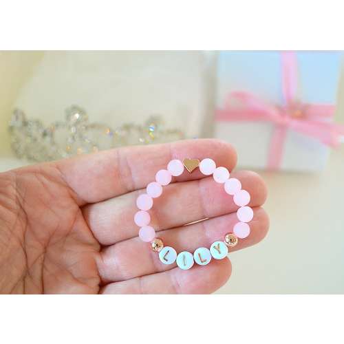 Rose Gold Heart Name Bracelet, Pink Rose Quartz Baby Bracelet, Personalized Girls Bracelet, Baby Shower Gift, Baby Bracelet, Newborn