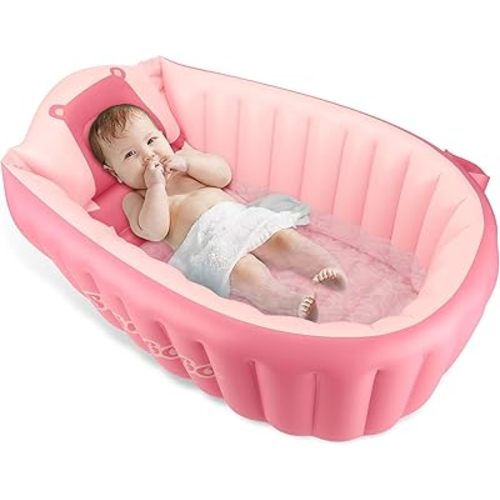 Inflatable Baby Bath Tub Portable Foldable Travel Mini Swimming Pool Helps Infants to Toddler Tub (Pink)