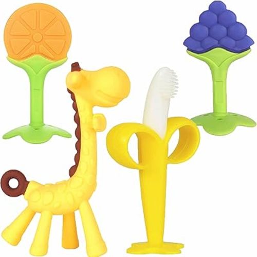 Chuya Teething Toys (4 Pack) Teething Toy for Baby, Teach Teeth Brushing ,BPA-Free,Chew Toy for Infants Toddlers Silicone Baby Teethers Giraffe Fruit Teething Stick for Babies 3 Months+