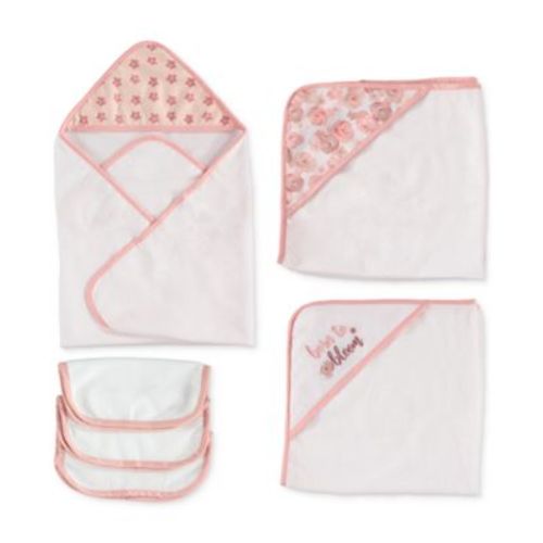 Baby Girls Hooded Bath Towel and Washcloths, 6 Piece Set