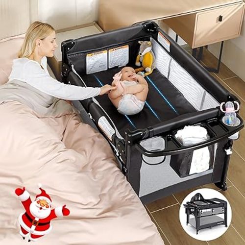 ELEMARA 5 in 1 Pack n Play,1-step Opening Foldable Baby Bassinets Bedside Sleeper with 4 Adjustable Height,Nursery-Center Baby Playpen,Changing Table,Ziper Door/Baby Crib,Playard,Travel Carry Bag,Gray