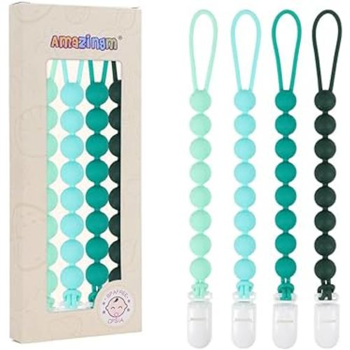 One Piece Design Silicone Pacifier Clip Holder for Baby Boys and Girls,Flexible Pacifier Leashes,Soft Teether Clip for Newborns,4-Pack. (Green)