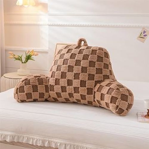 Aimuan Reading Pillow Checkered Bed Rest Wedge Backrest Checkerboard Pillow with Arms Back Support for Sitting Up in Bed Cushion Incline Rest Sleeping Snoring Pillow (Khaki,Large)