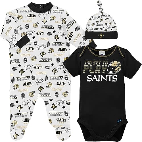 Gerber NFL New Orlean Saints 3 Pack Bodysuit Sleep n Play Footie Cap Registry Gift Set, black/white New Orlean Saints, 0-3M