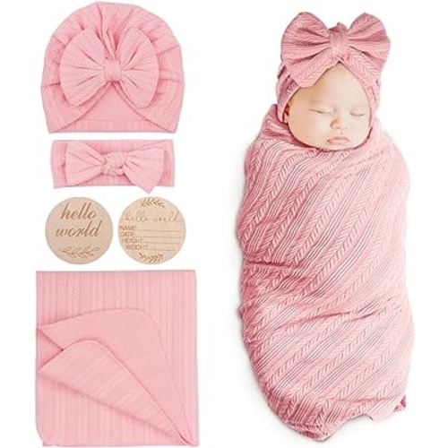 DRESHOW BQUBO Baby Swaddle Blankets for Girls, 4PCS Newborn Accessories Set with Hat and Bow Headband with Hello World Wooden Birth Announcement Card, Baby Blankets for Girls (Pink)
