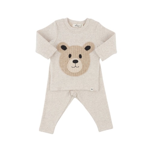 Teddy Bear Face Applique Long Sleeve Two Piece Set, 0-3M