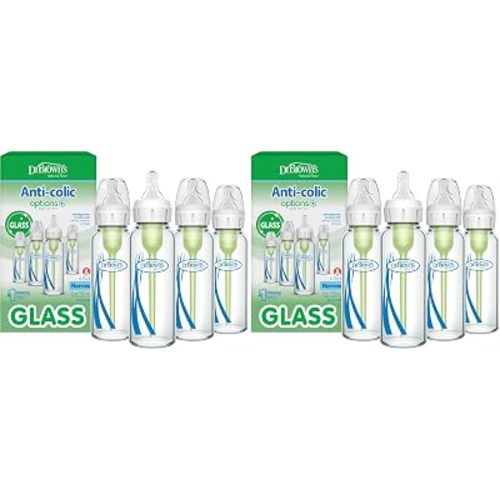 Dr. Brown's Anti-Colic Options+ Narrow Glass Baby Bottle with Level 1 Slow Flow Nipple, BPA-Free, 8 oz/250 mL, 0m+, 8-Pack (Packaging May Vary)