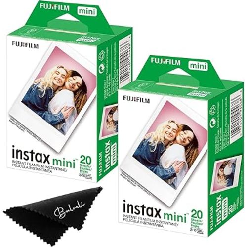 Fujifilm Instax Mini Film Two Instant Film Twin Packs - 40 EXP Total, ISO 800, Compatible to Mini Evo, Mini 40, 12, 11, 9, Bundeld with Premium Balveli Microfiber Cloth