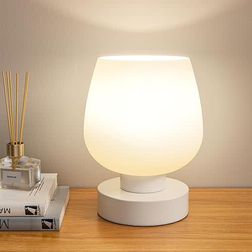 Touch Table Lamp for Nightstand - Small Bedside Lamp for Bedroom Living Room Night Stands, Desk Lamp with White Glass Shade for Small Spaces, 3 Way Dimmable, LED Bulbs, Gifts