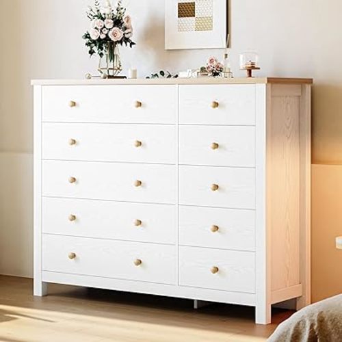 IRONCK 10 Drawer Dresser, Modern White Dressers and Chests of Drawers, 10 Drawer Large Dressers with Solid Wood Knobs for Bedroom, Living Room