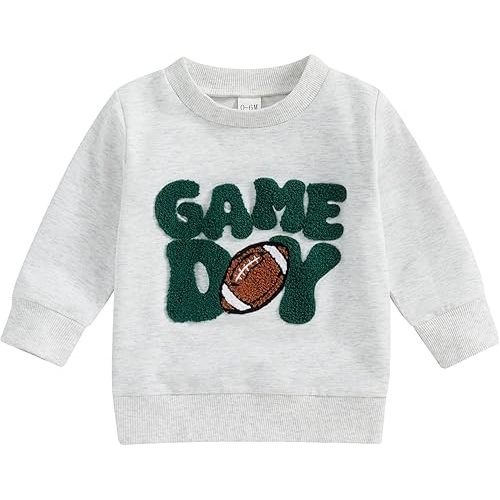Toddler Baby Boy Girl Football Outfit Game Day Embroidery Sweatshirt Crewneck Long Sleeve Pullover Shirts Tops