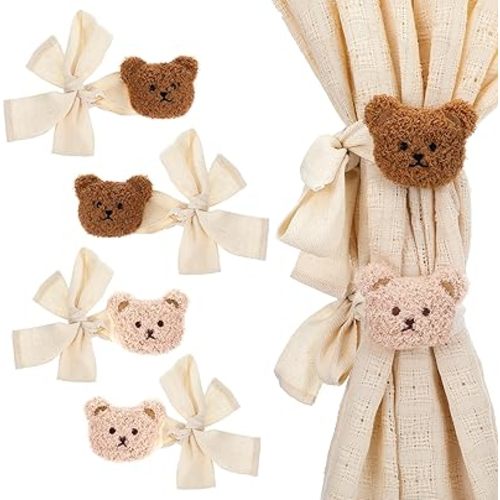 4Pcs Bear Curtain Ties, Cute Cartoon Bear Curtain Tieback, Teddy Bear Nursery Decor, Curtain Holder Holdbacks for Home Office Bedroom Living Room Window Treatment Decor