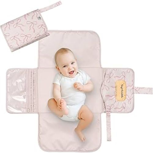 Tiny Twinkle Portable Diaper Changing Pad – Foldable, Waterproof & Compact Travel Changing Mat with Storage | Smart Wipes Pocket for On-The-Go Parents(Bows)