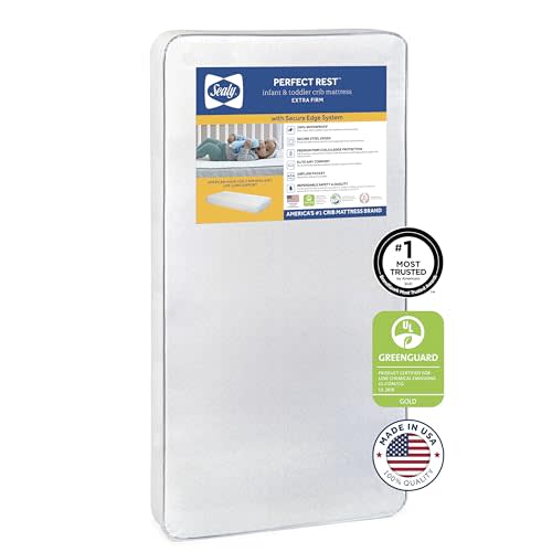 Sealy Baby Perfect Rest Premium Firm Hypoallergenic Baby Crib Mattress & Toddler Bed Mattress, Waterproof Baby Mattress, 150 Coils, Air Quality Certified, Made in USA, 52"x28"