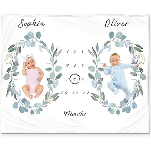 Twins Baby Monthly Milestone Blanket – Soft Fleece Baby Month Blanket – Eucalyptus Leaves Design – Gender Neutral for Twin Boys or Girls, Baby Shower Twin Baby Essentials (Custom Name)