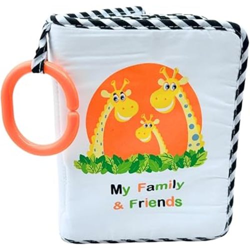 My First Photo Album for Baby with Adorable Giraffe Family, Soft Fabric Cover, Holds 15 Photos, Wipeable Pages, Baby Safe Mirror by Genius Baby Toys