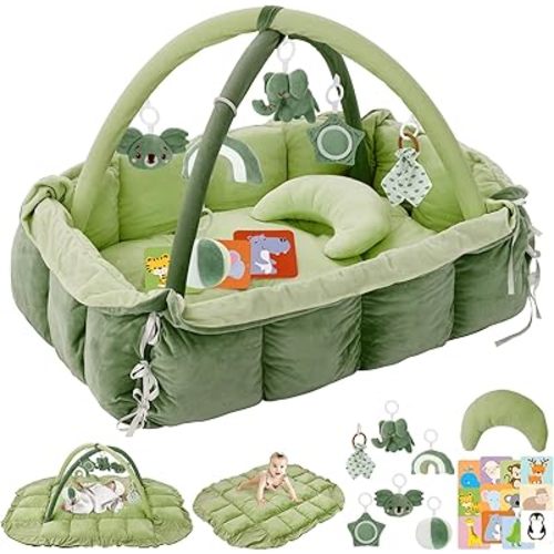 5-in-1 Plush Baby Play Gym, Baby Play Mats, Convertible Baby Gym with Pillow, Tummy time mat, Baby&Ped Bed, 6 Sensory Toys, Baby Activity Center from Newborn to Toddler, Cat&Dog Bed, Ball Pit, Green