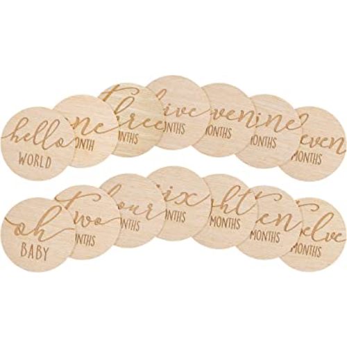 Pearhead Wooden Monthly Milestone Photo Cards, Baby Announcement Cards, Pregnancy Journey Milestone Markers, 7 Double Sided Engraved Photo Prop Milestone Discs, Light Wood