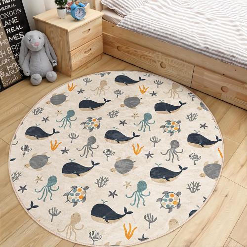 Sea Creatures Toddler Room Round Rug - Beige Ocean Circle Carpet - Whale Newborn Oval Rug - Coral Octopus Marine Washable Circular Playmat