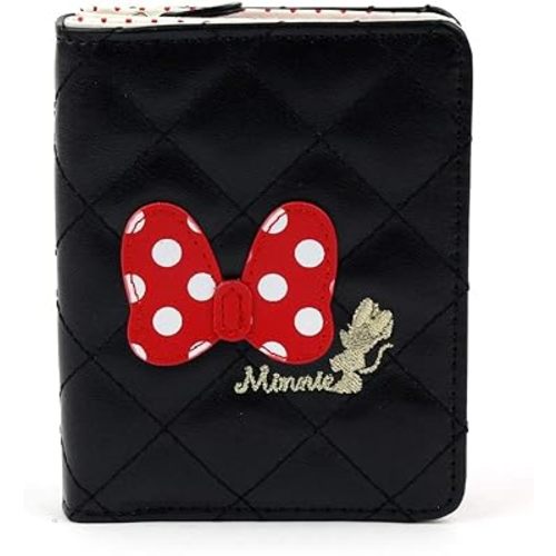 WINGHOUSE X Minnie Officially Licensed Embroidery Polka Dot Bow Ribbon Quilted Novelty My First Card Case & Money Organizer Wallet for Kids Girls Teens Womens Black