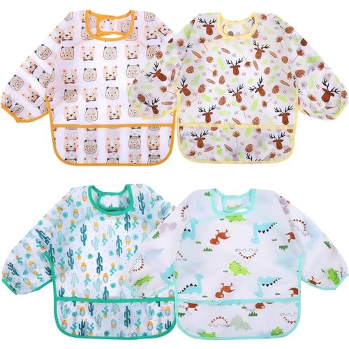 Accmor 4 Pack Long Sleeve Baby Bibs, Waterproof Sleeved Bib Smock for Baby Toddler 6-36 Months