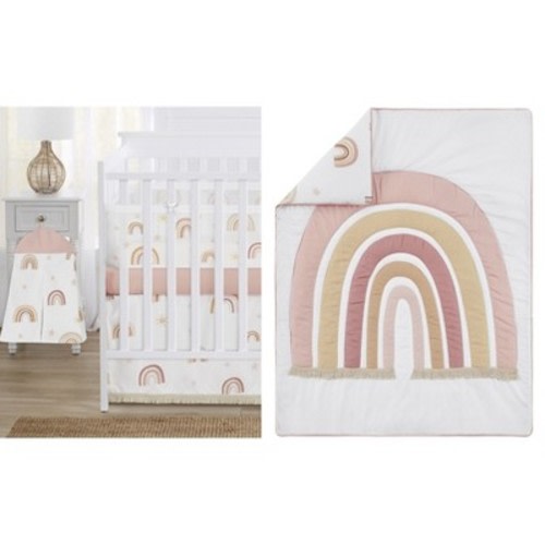 Sweet Jojo Designs Crib Bedding + BreathableBaby Breathable Mesh Liner Baby Nursery Girl Boho Rainbow Pink Gold and Taupe - 6pcs