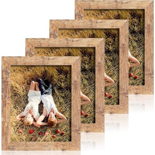 8x10 Picture Frame Set of 4, High Definition Real Glass Rustic Brown Frame, 8 x 10 Photo Frames for Desktop Display and Wall Mounting
