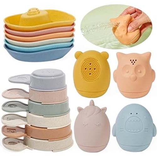Bath Toys,16 Pack | Mold Free & Educational Floating Boats & Spoons | Soft, Squeezable Silicone Bath Toys | Safe & Non-Toxic Easy-Grip Baby & Toddler Bath Toy Set | Baby Bathtub Water Toys