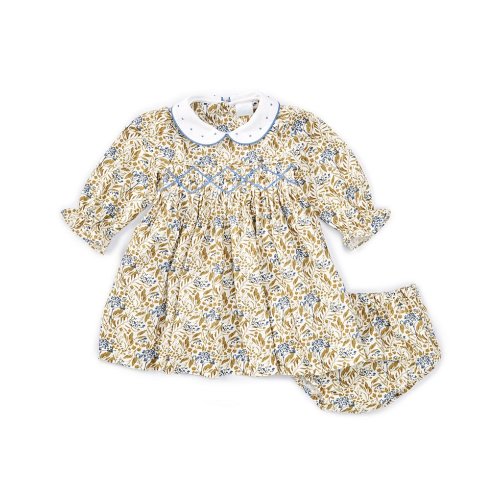 Edgehill Collection Baby Girls Peter Pan Long Sleeve Floral Smocked Dress