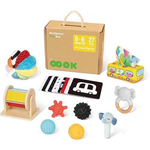 Montessori Toys for Babies 0-6 Months, 7 in 1 Newborn Baby Toys with Spinning Drum, Rainbow Fabric Ball, Tissue Box Toy, Sensory Balls, Contrast Cards and More, Great Educational Toy as Baby Gift - Montessori Set for 0-6 Months