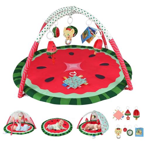 Tummy Time Mat, 9-in-1 Watermelon Baby Play Gym Mat, Oversize Baby Play Activity Mats with Sunshade & 6 Detachable Sensory Toys, Washable Non-Slip Mat for Newborn Infant Essentials Gift