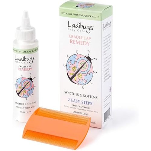 Ladibugs Cradle Cap Remedy Kit, 3oz | Includes Cradle Cap Serum & Fine-Toothed Comb | Effectively Removes Scales & Flakes | Soothes & Softens Scalp